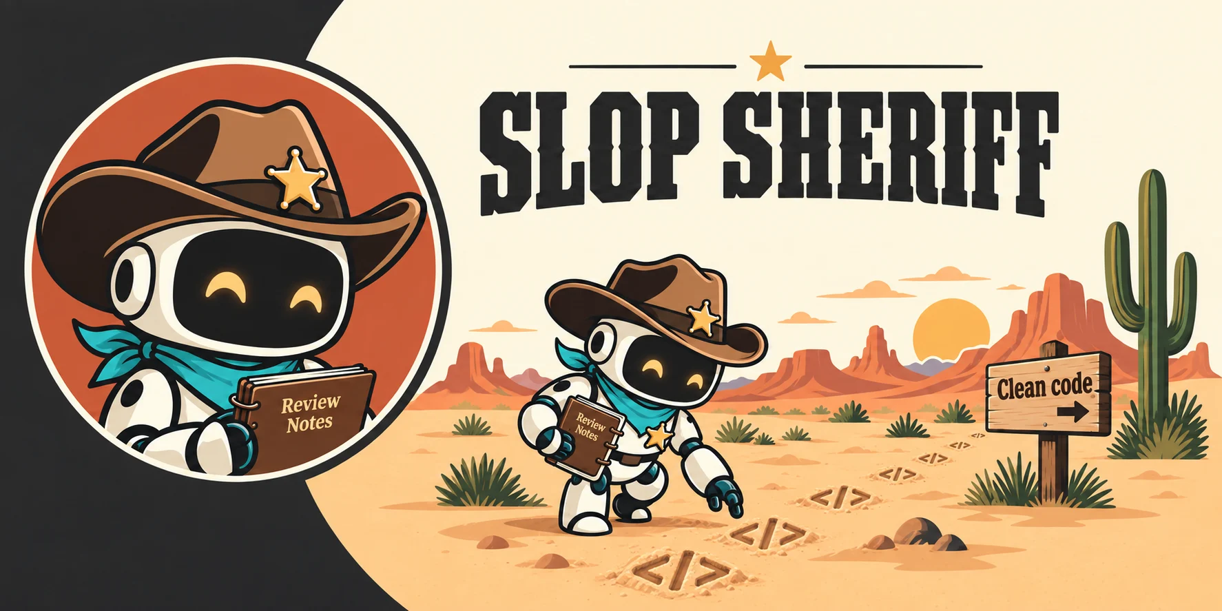Slop Sheriff, a robot cowboy carrying review notes and following code tracks toward a Clean code sign